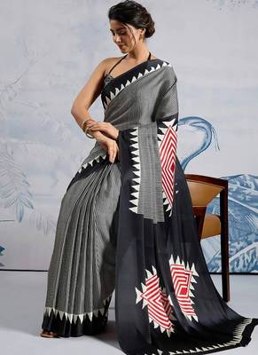 Black japan satin saree with digital print blouse 4