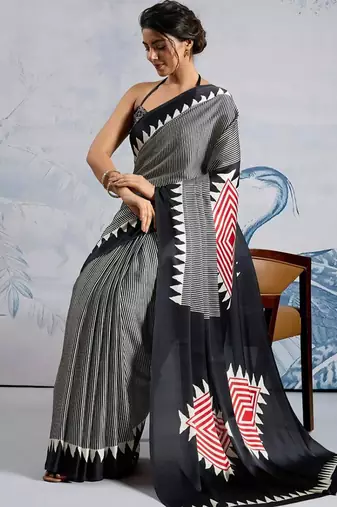 Black japan satin saree with digital print blouse