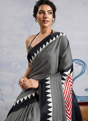 Black japan satin saree with digital print blouse 5
