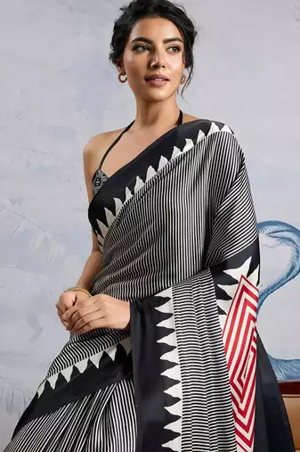 Black japan satin saree with digital print blouse