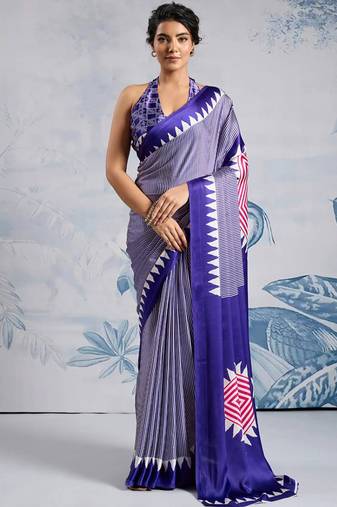 Blue japan satin saree with digital print blouse