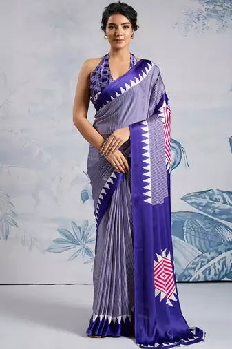 Blue japan satin saree with digital print blouse