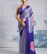 Blue japan satin saree with digital print blouse