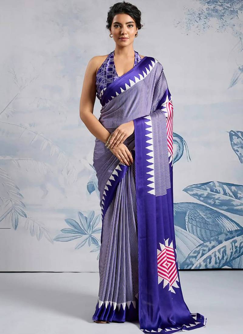 Blue japan satin saree with digital print blouse
