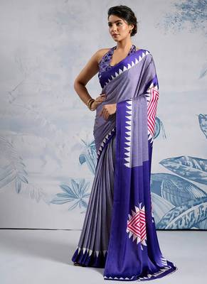 Blue japan satin saree with digital print blouse 2