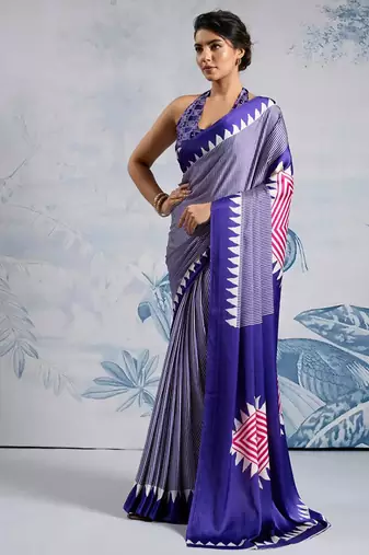 Blue japan satin saree with digital print blouse