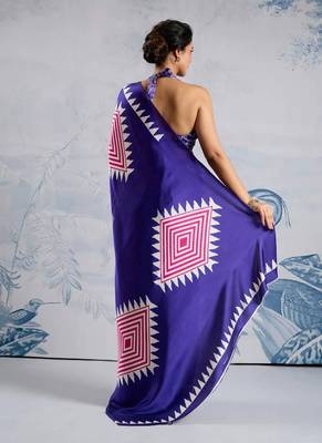 Blue japan satin saree with digital print blouse 3