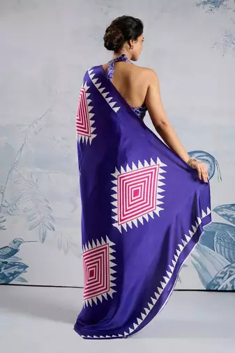 Blue japan satin saree with digital print blouse