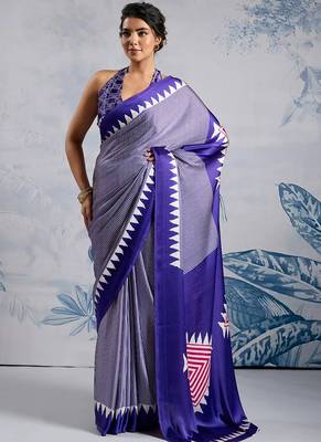 Blue japan satin saree with digital print blouse 4