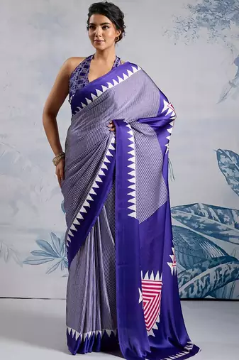 Blue japan satin saree with digital print blouse