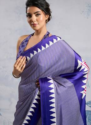 Blue japan satin saree with digital print blouse 5