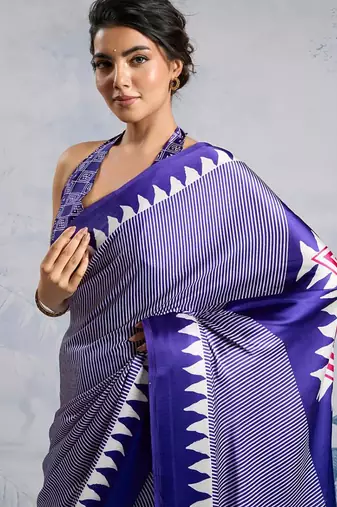 Blue japan satin saree with digital print blouse
