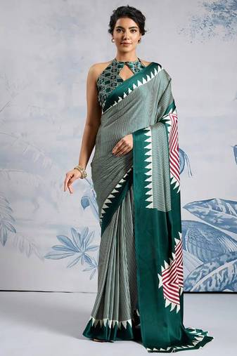 Green japan satin saree with digital print blouse