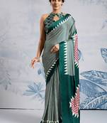 Green japan devsena satin saree japan satin digital print blouse