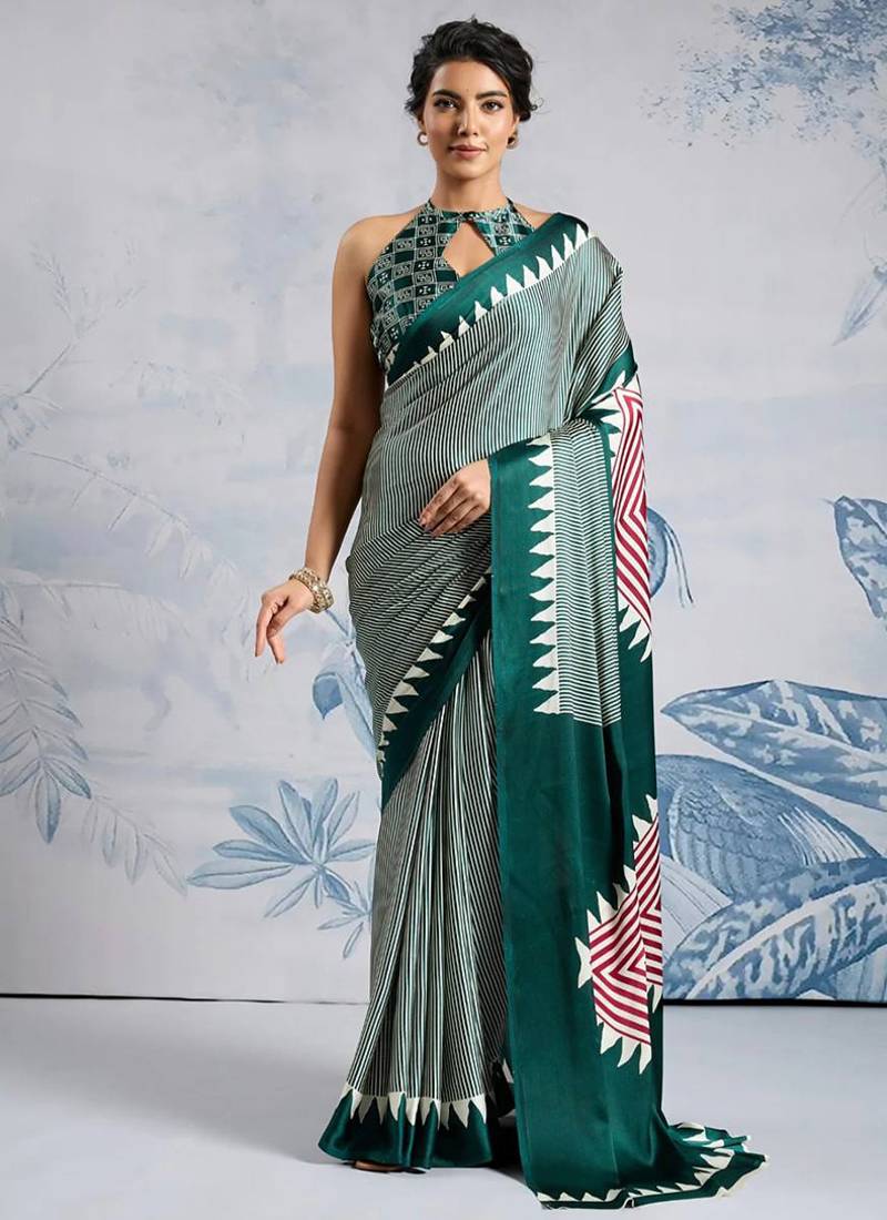 Green japan devsena satin saree japan satin digital print blouse