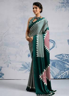 Green japan satin saree with digital print blouse 2