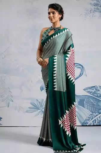Green japan satin saree with digital print blouse