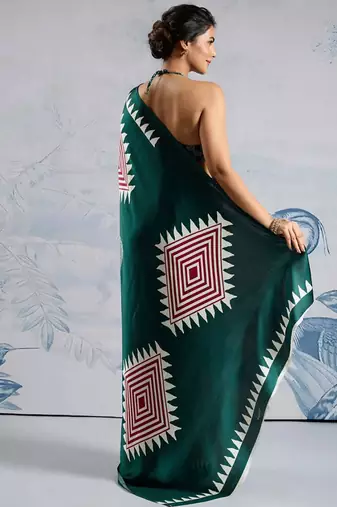 Green japan satin saree with digital print blouse