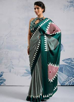 Green japan satin saree with digital print blouse 4