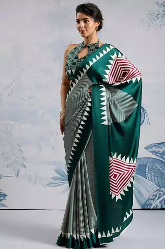 Green japan satin saree with digital print blouse