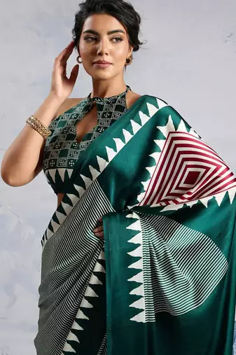 Green japan satin saree with digital print blouse