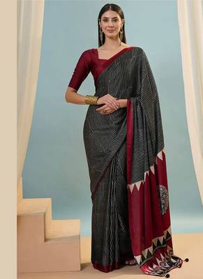 Black japan satin saree with digital print blouse 1