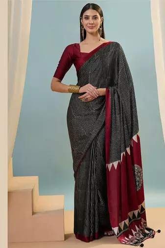 Black japan satin saree with digital print blouse