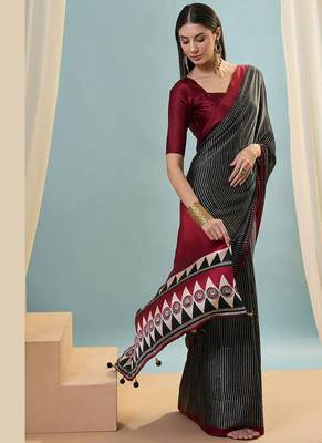 Black japan satin saree with digital print blouse 2