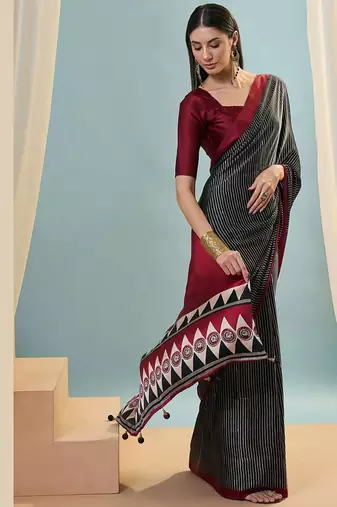 Black japan satin saree with digital print blouse
