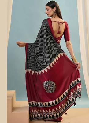 Black japan satin saree with digital print blouse 3