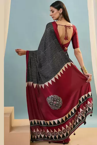 Black japan satin saree with digital print blouse