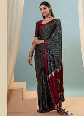 Black japan satin saree with digital print blouse 4