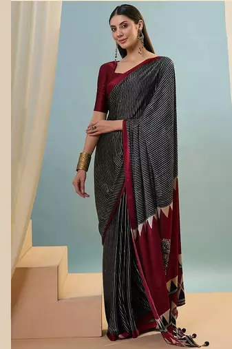 Black japan satin saree with digital print blouse