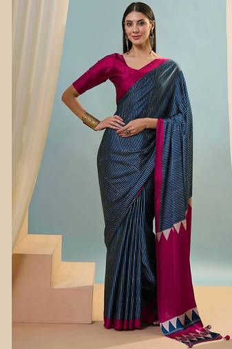Blue japan satin saree with digital print blouse