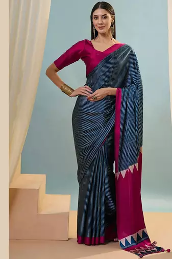 Blue japan satin saree with digital print blouse