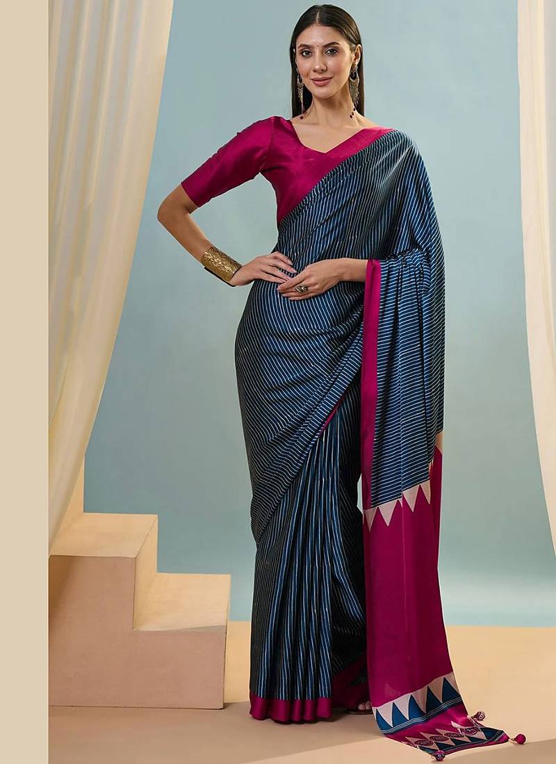 Blue japan devsena satin saree japan satin digital print blouse