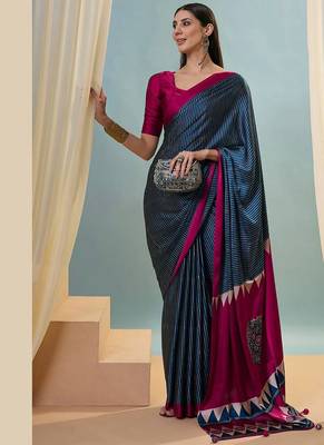 Blue japan satin saree with digital print blouse 2