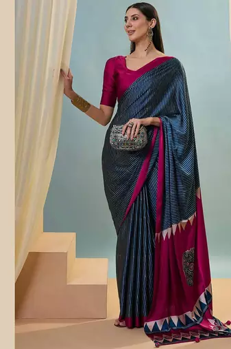 Blue japan satin saree with digital print blouse