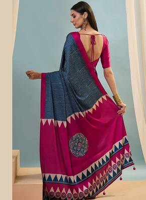 Blue japan satin saree with digital print blouse 3