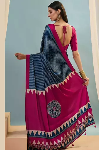 Blue japan satin saree with digital print blouse