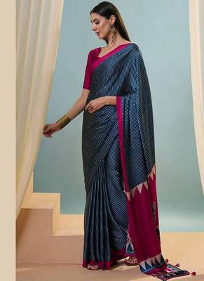 Blue japan satin saree with digital print blouse 4