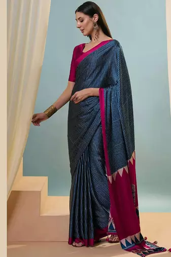 Blue japan satin saree with digital print blouse