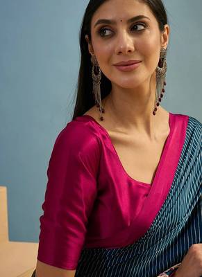 Blue japan satin saree with digital print blouse 5