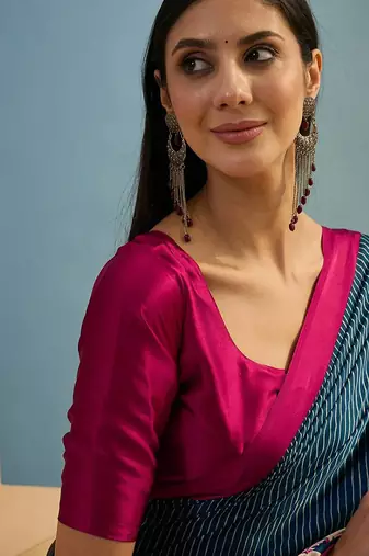 Blue japan satin saree with digital print blouse