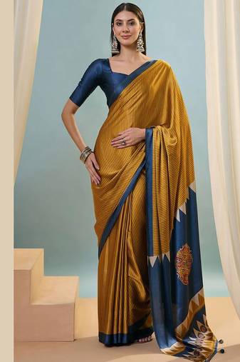 Mustard japan satin saree with digital print blouse