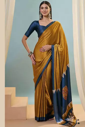 Mustard japan satin saree with digital print blouse