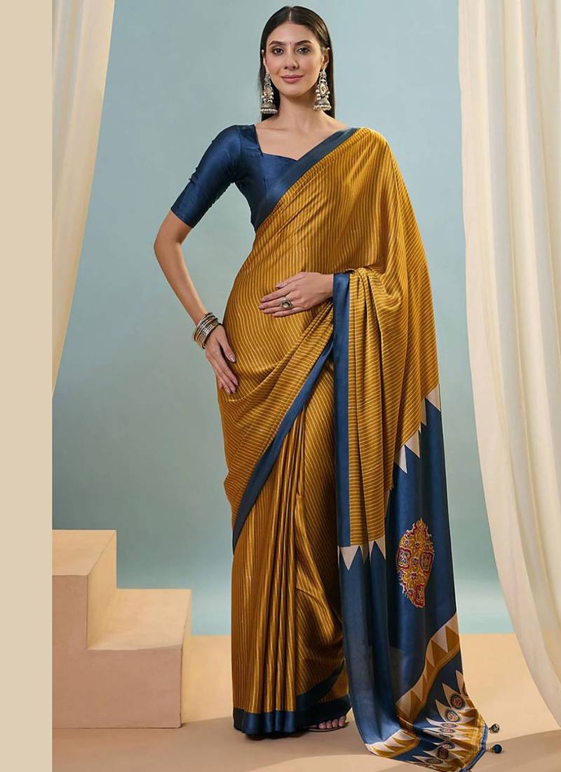 Mustard japan devsena satin saree japan satin digital print blouse