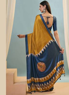 Mustard japan satin saree with digital print blouse 2