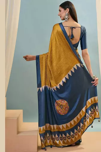 Mustard japan satin saree with digital print blouse