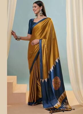 Mustard japan satin saree with digital print blouse 3
